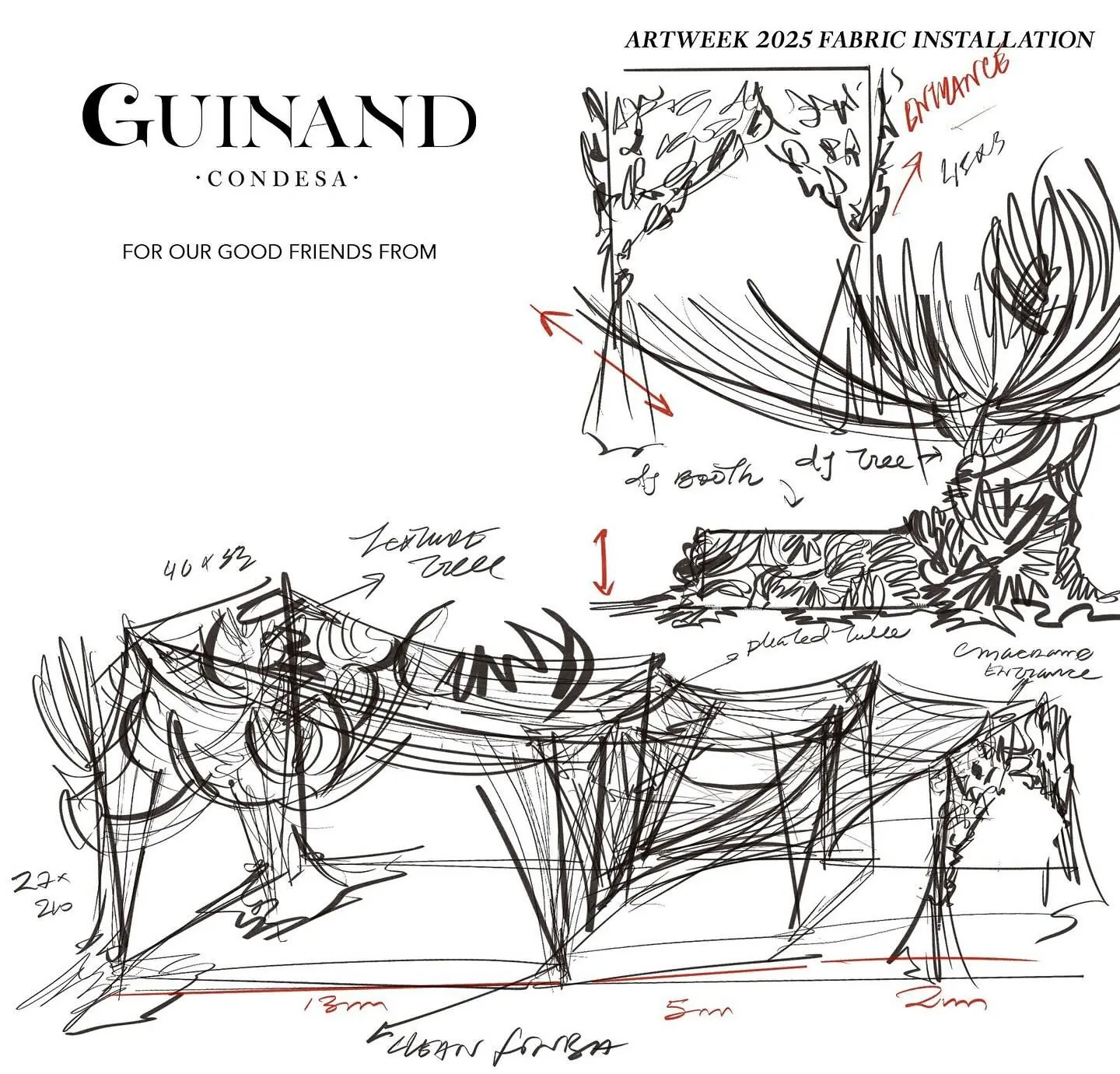 Pencil sketch of the textile installation for Art Week 2025 with notes and measurements